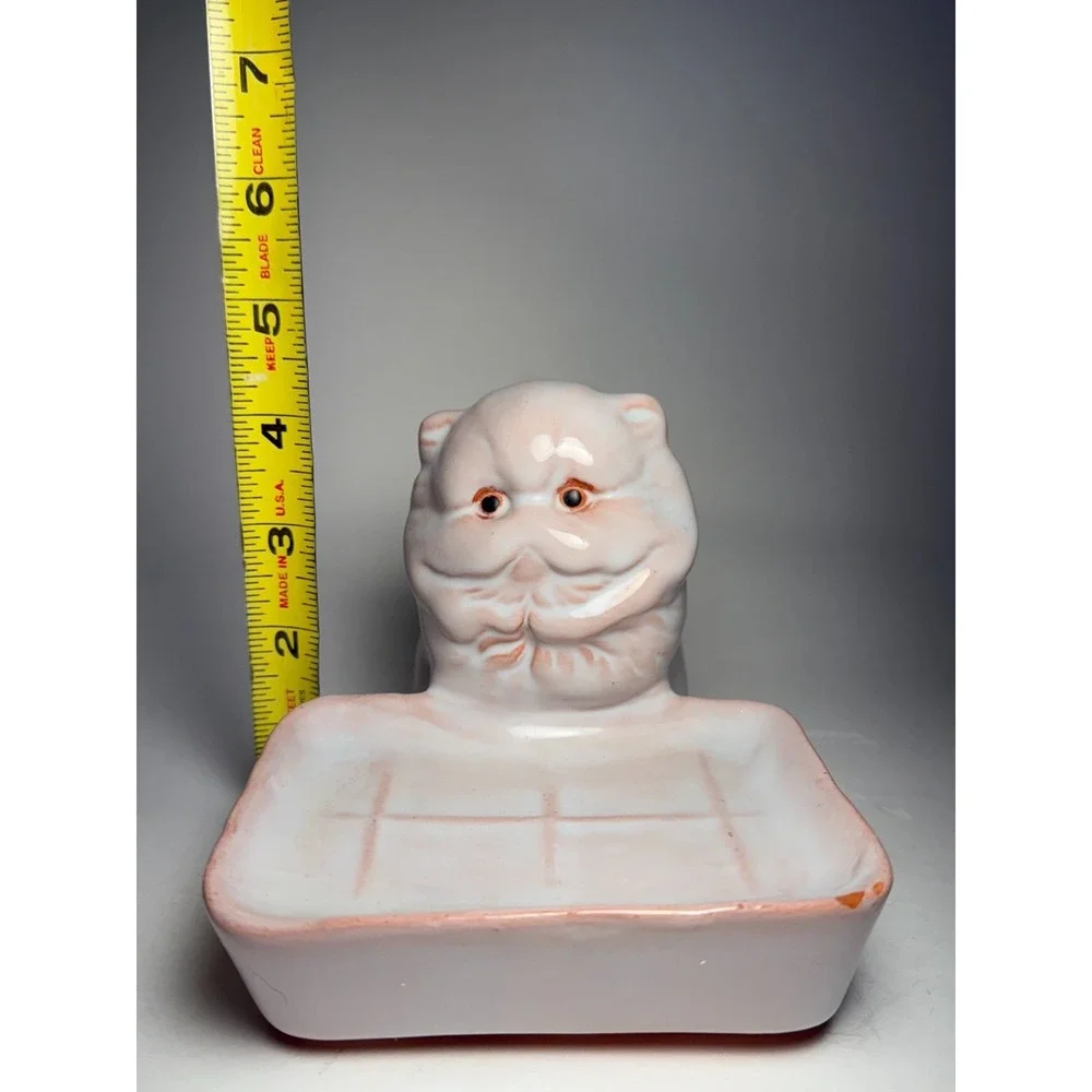 Vintage Persian Cat Soap Dish White Glazed Redware Pottery Mid Century 5.5